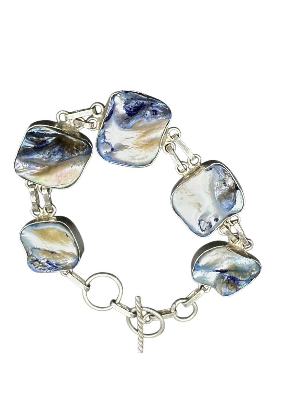 Boho Iridescent Natural Blister Pearl Shell Statement Toggle Bracelet